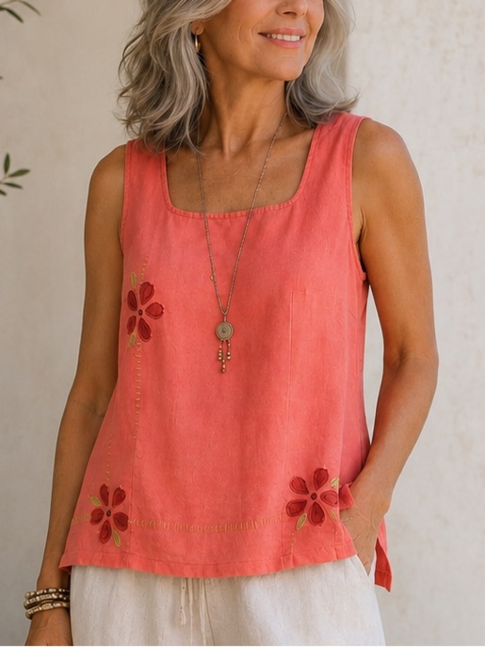 Artisan Linen Embroidered Beaded Tank Coral Pink Boho Cottagecore Resort Top L